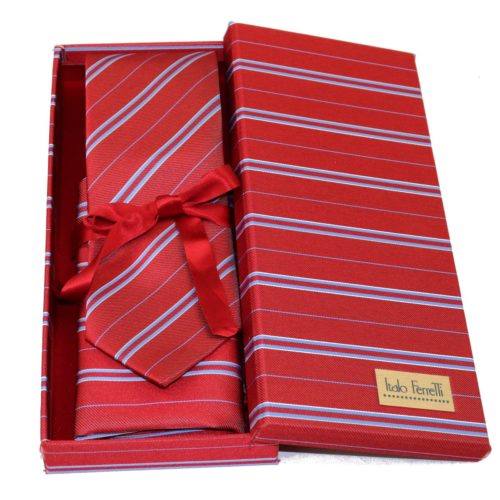 Red regimental sartorial silk tie and pocket square set, matching silk box included 418512-02