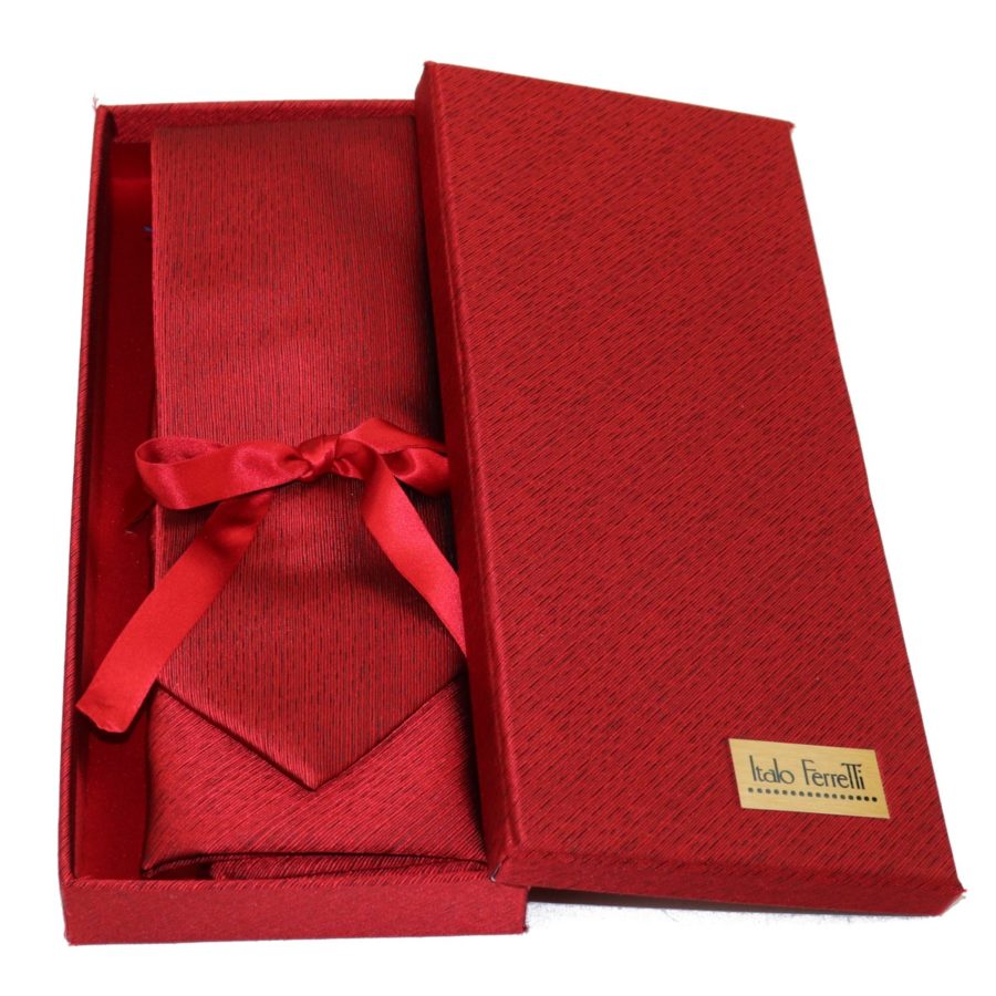 Red regimental sartorial silk tie and pocket square set, matching silk box included 413609-02