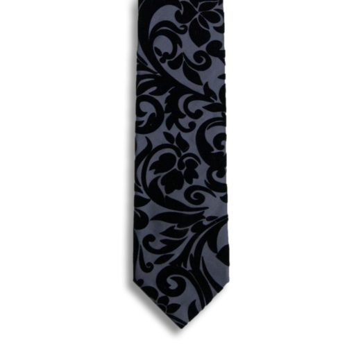 Gray silk tie with black velvet ramage