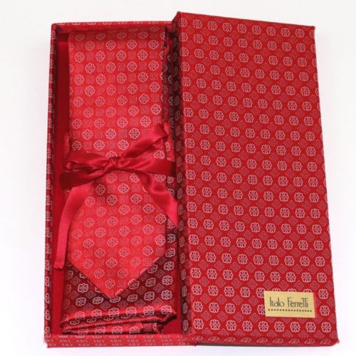 Red shades fantasy patterned sartorial silk tie and pocket square set, matching silk box included 414533-02