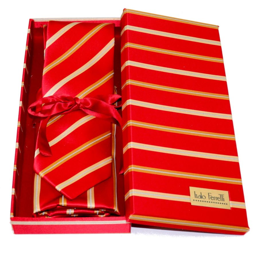Red regimental sartorial silk tie and pocket square set, matching silk box included 410052-05