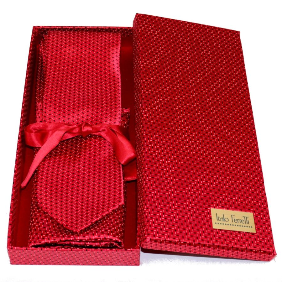 Red sartorial silk tie and pocket square set, matching silk box included 418121-02