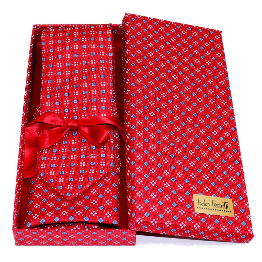 Red shades fantasy patterned sartorial silk tie and pocket square set, matching silk box included 418216-04