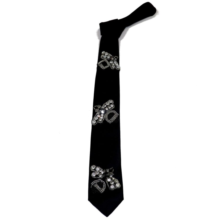 Blak silk sartorial tie with Rhinestones Bee S0XX BUG