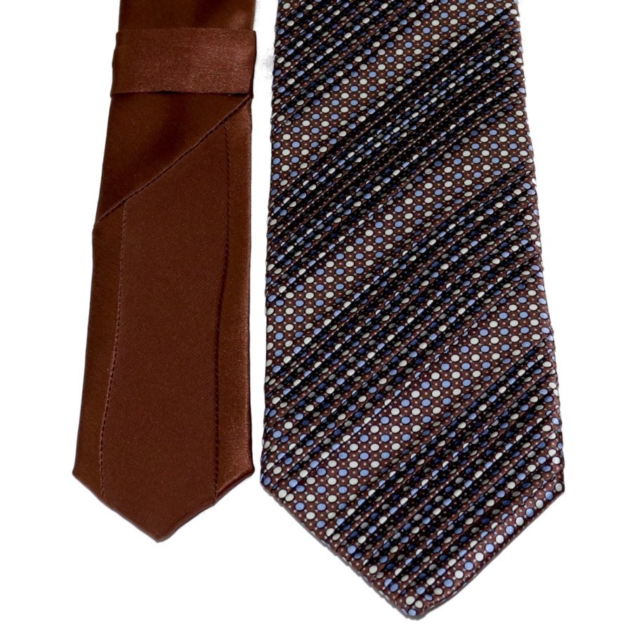 Sartorial pleated silk tie brown and blue polka dots 919012-001