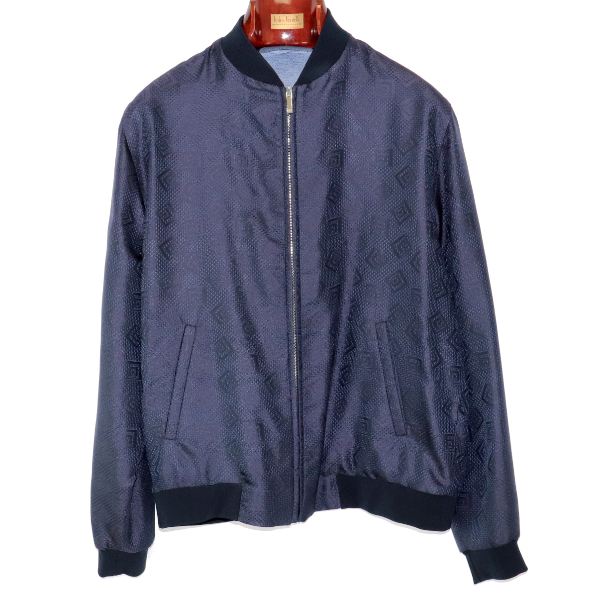 Navy and White Silk and Cotton Custom Bomber Jacket