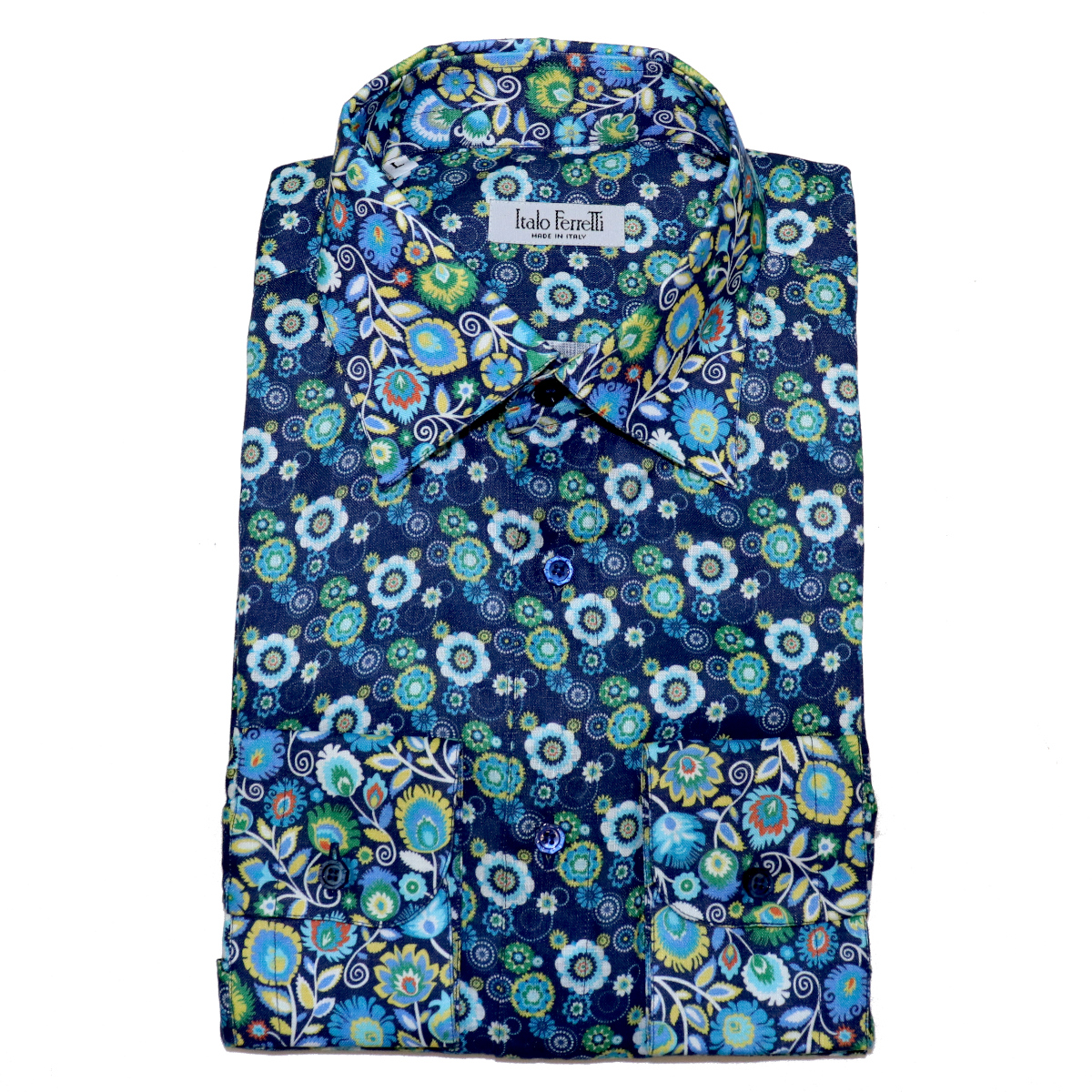 Blue linen shirt, floral pattern, handmade in Italy - Italo Ferretti ...