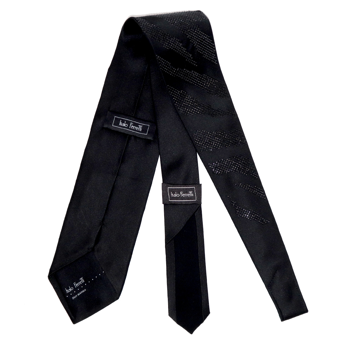 Black silk sartorial tie with black Swarovski crystals, tiger fur ...