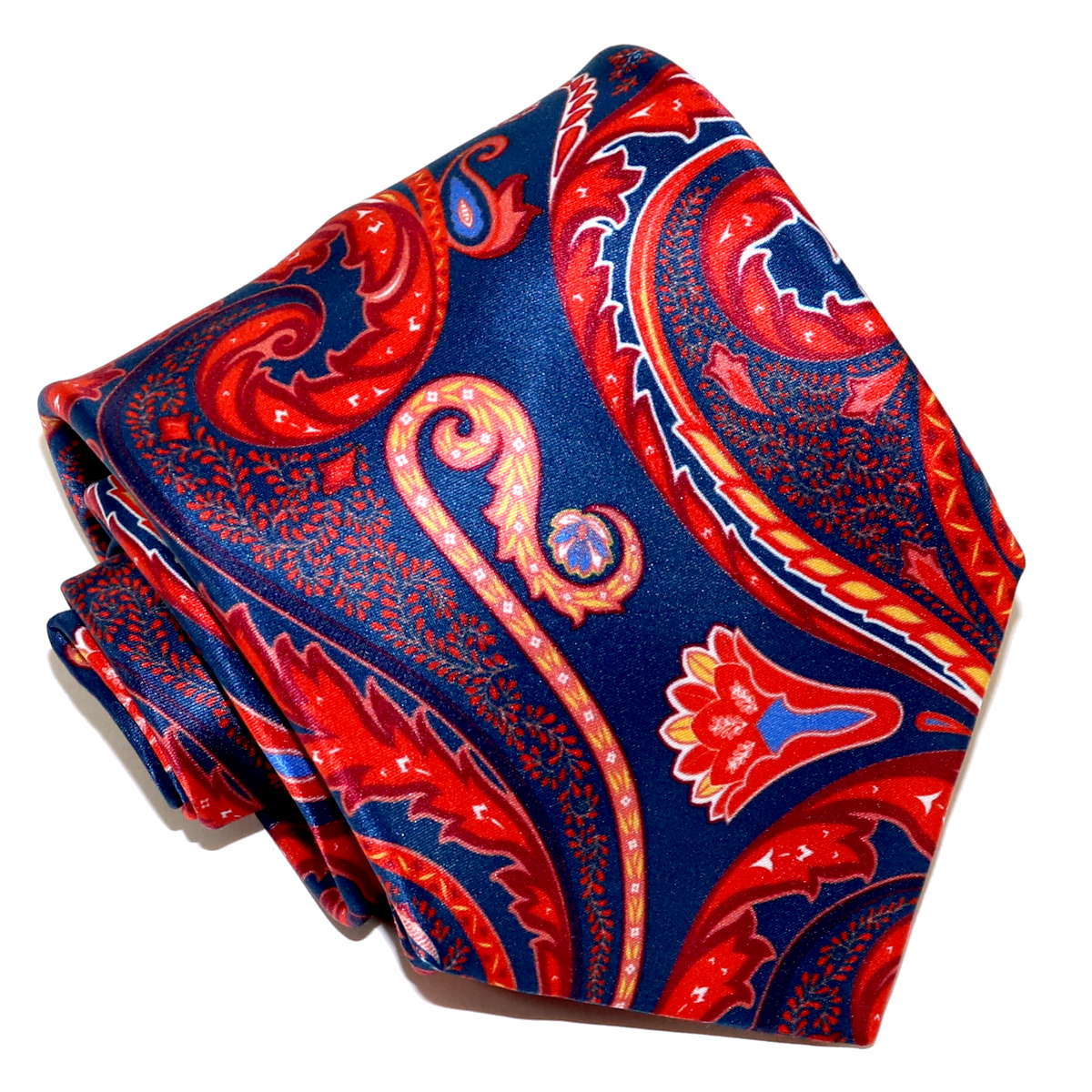 Tailored classy silk tie, big red paisley on navy blue background ...
