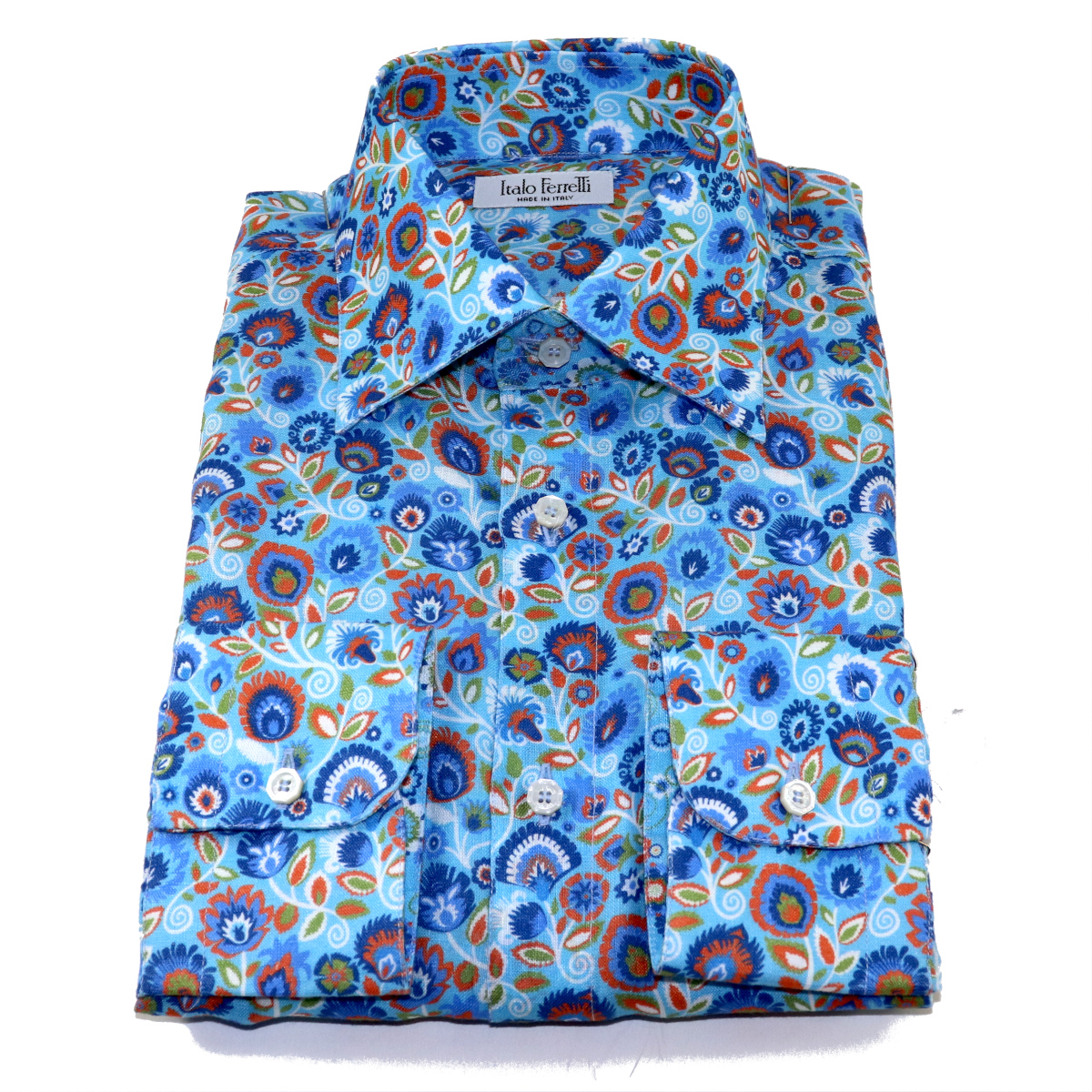 Long sleeves 100% linen shirt, red and light blue floral pattern ...