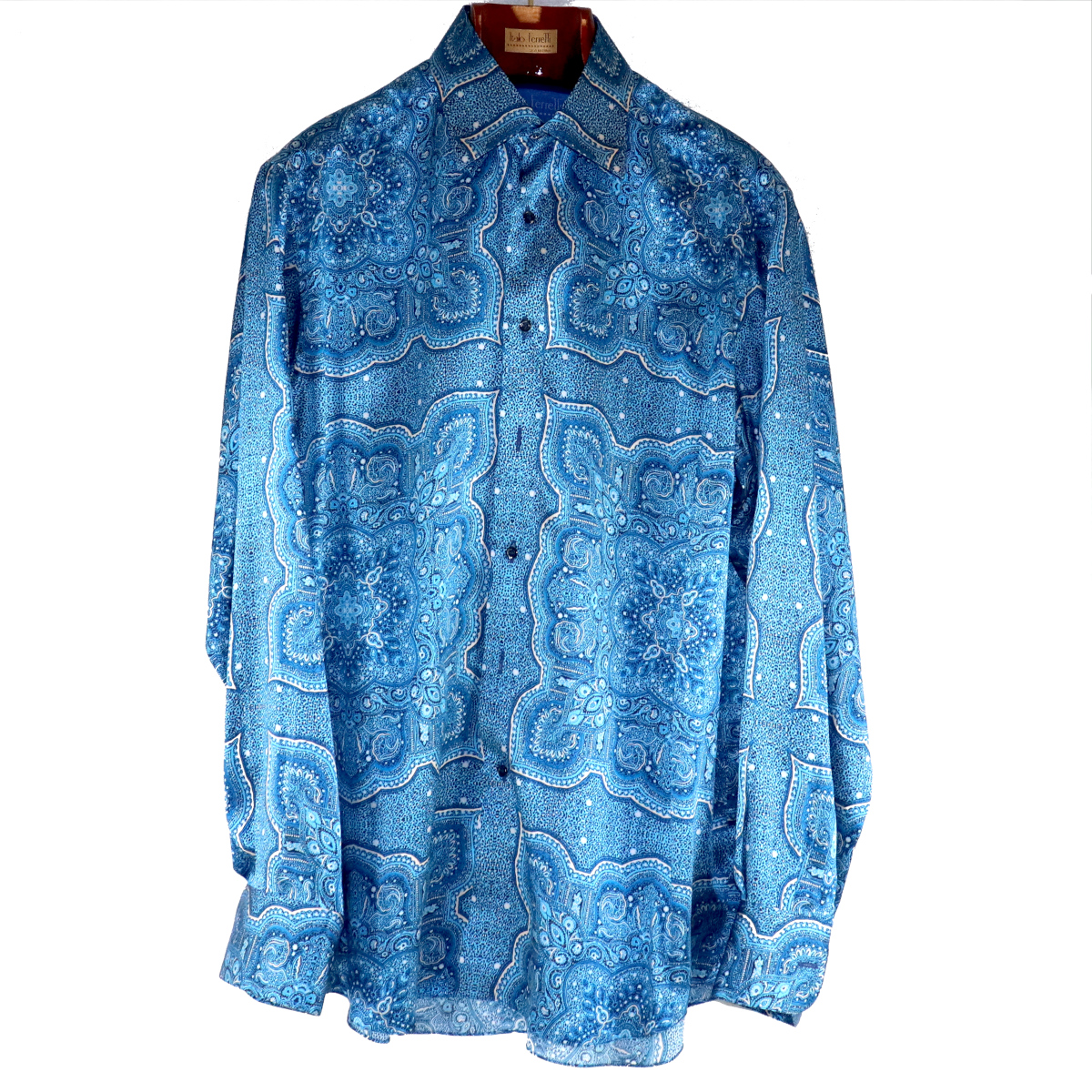 Langärmliges Hemd handgefertigt in 100% handgemachte Blautönen, aus - Seide, Mandala-Paisley-Muster Italo Krawatten Ferretti in Luxus Italien