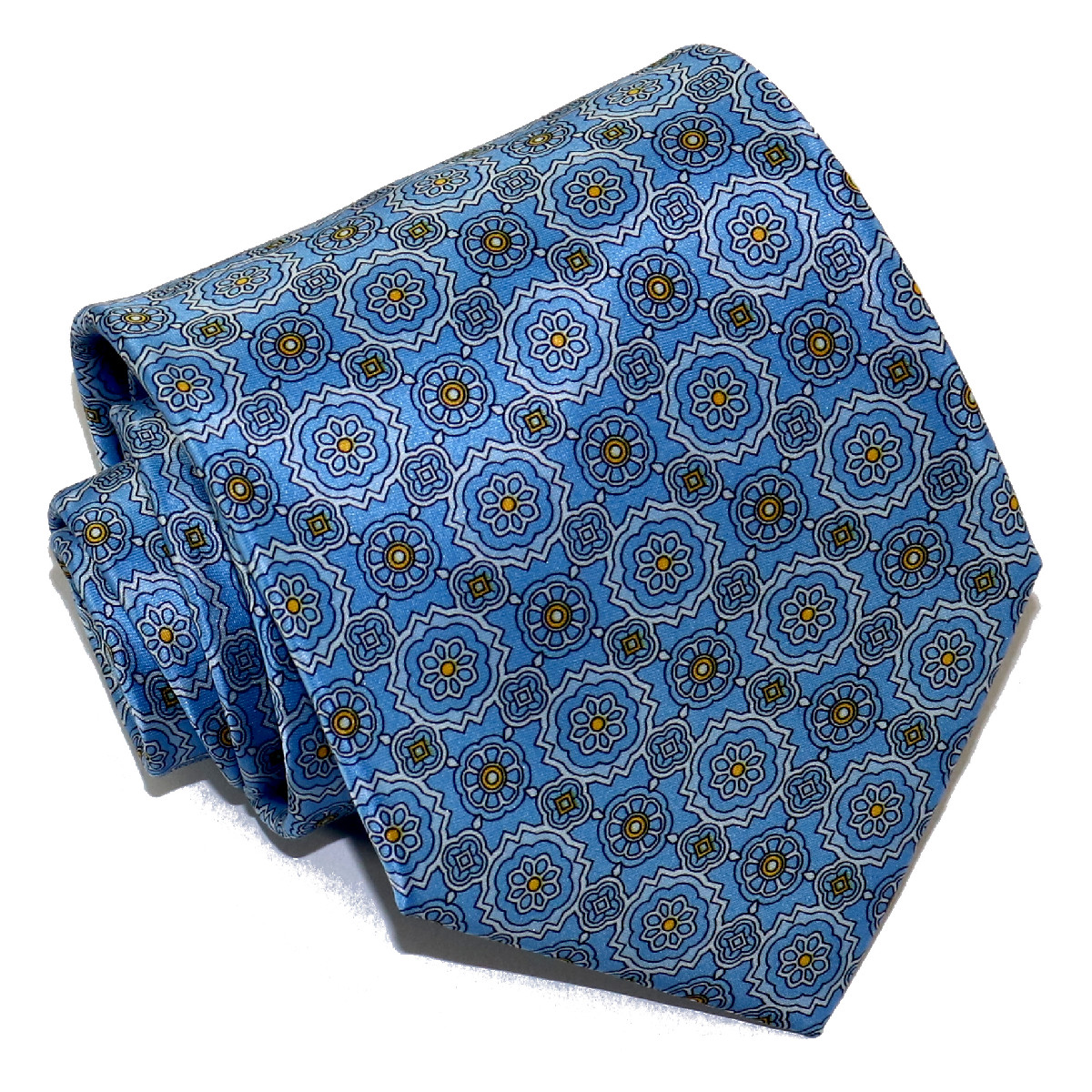 Sartorial silk tie with light blue background, floral geometrical ...
