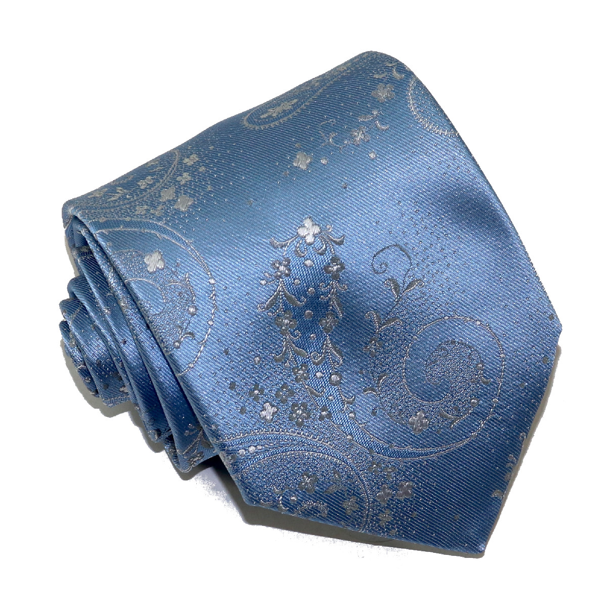 Light blue luxury tie with elegant white paisley pattern, handmade in ...