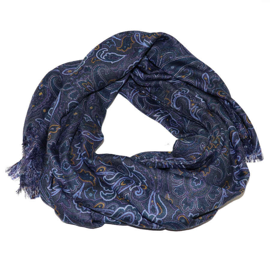 Fringed luxury scarf, blue and gray paisley pattern with yellow details ...
