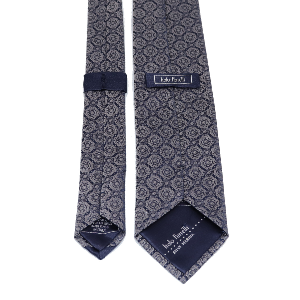 Formal woven silk tie, navy blue backgroung and grey elegant medallions ...
