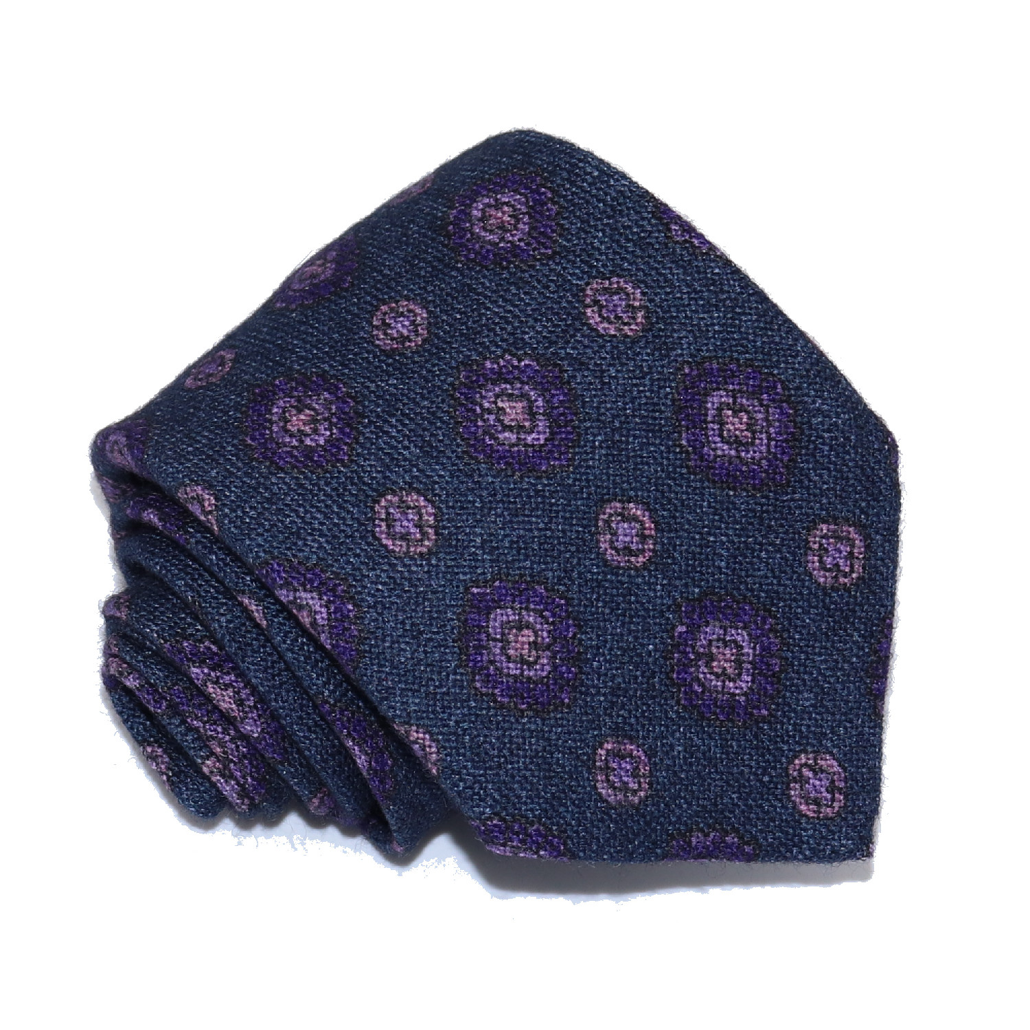 Refined 100% wool custom tie, navy blue and lilac medallions pattern ...