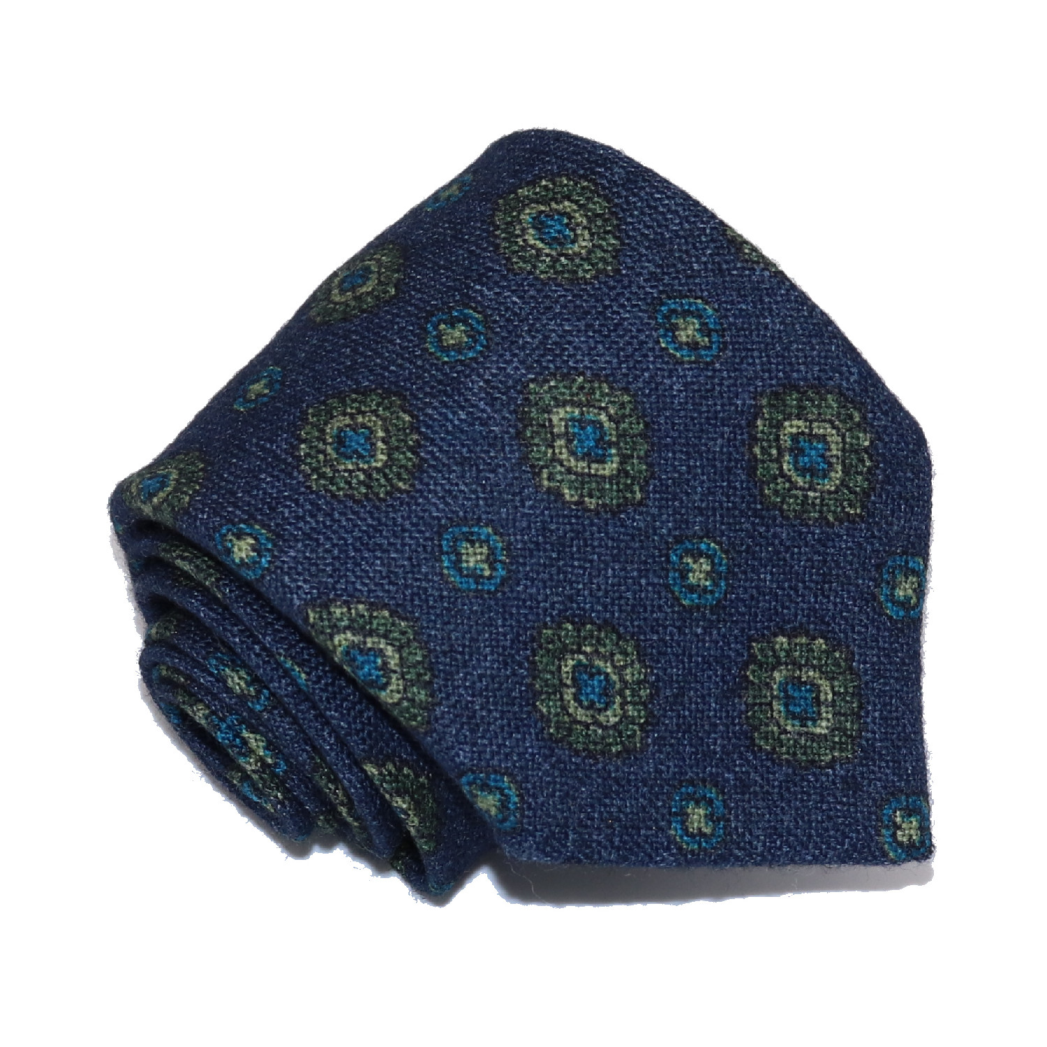 Refined 100% wool custom tie, navy blue and green medallions pattern ...
