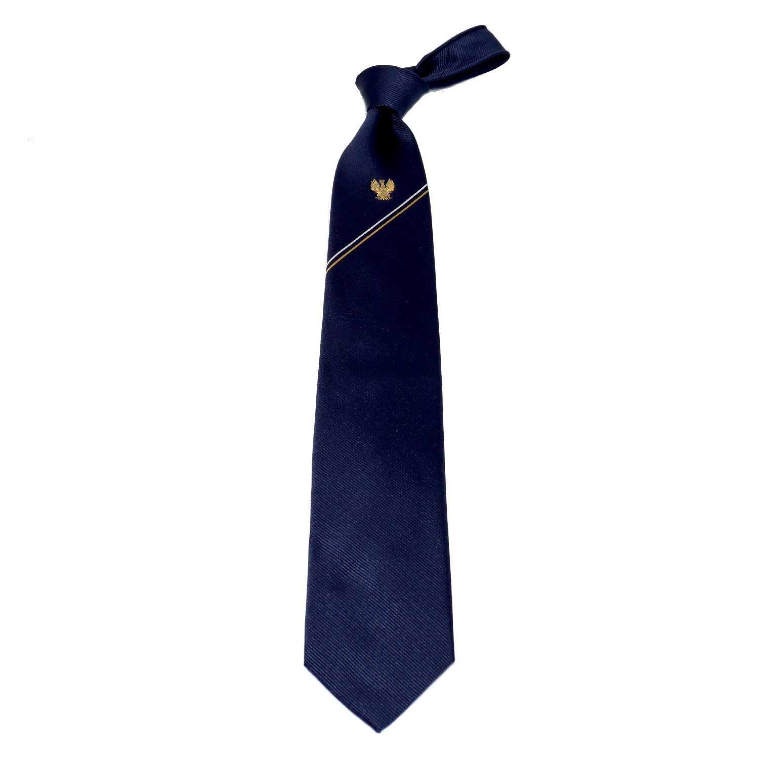 Raffinierte handgefertigte Krawatte aus 100 % Seide, blauer Hintergrund und  goldenes Adleremblem am Knoten - Italo Ferretti handgemachte Luxus Krawatten