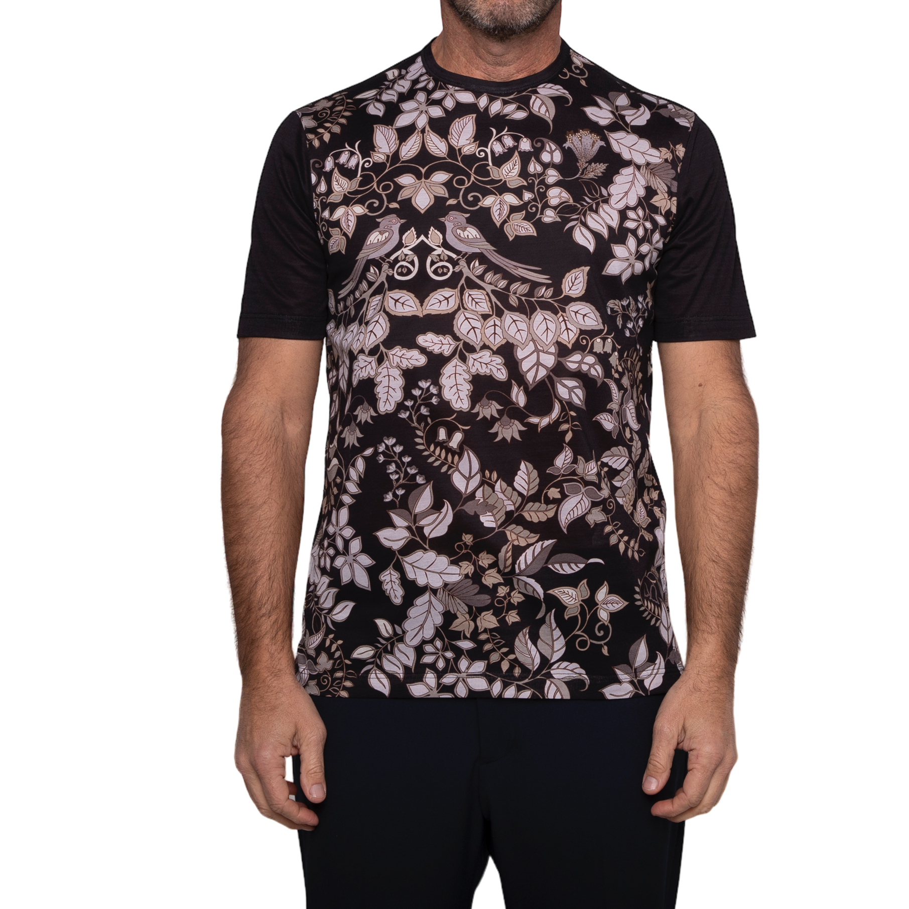 100% cotton t-shirt, sartorial fit, foliage and birds pattern, made in ...