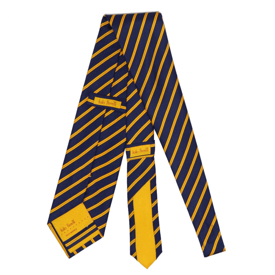 Formal business tie, 100% twill silk, thin yellow stripes on navy blue ...