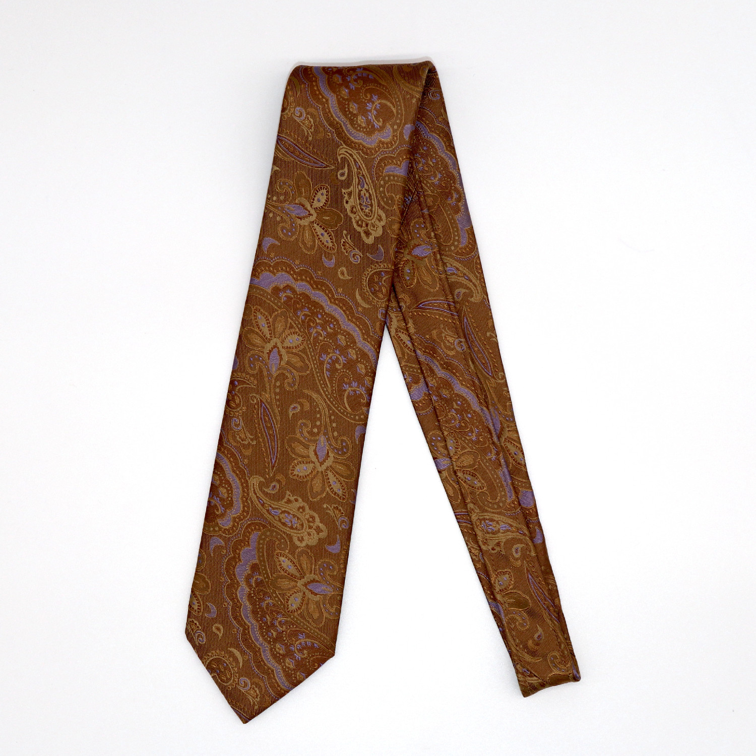 Refined woven silk custom necktie, lilac paisley pattern on warm brown ...